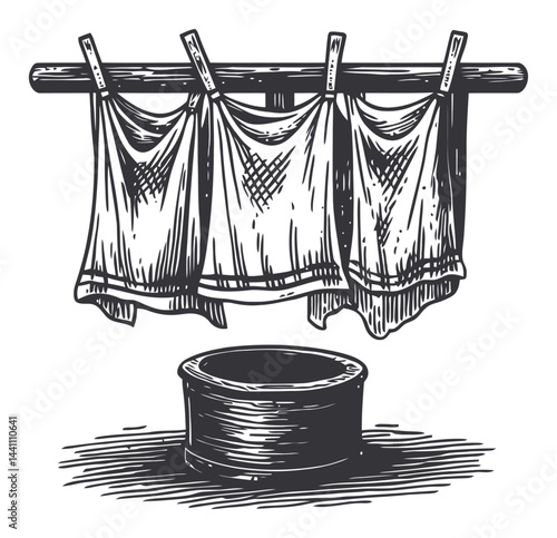Vintage Hand-Drawn Illustration of Laundry on a Clothesline