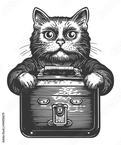 Vintage Hand-Drawn Illustration of Cat Holding a Briefcase
