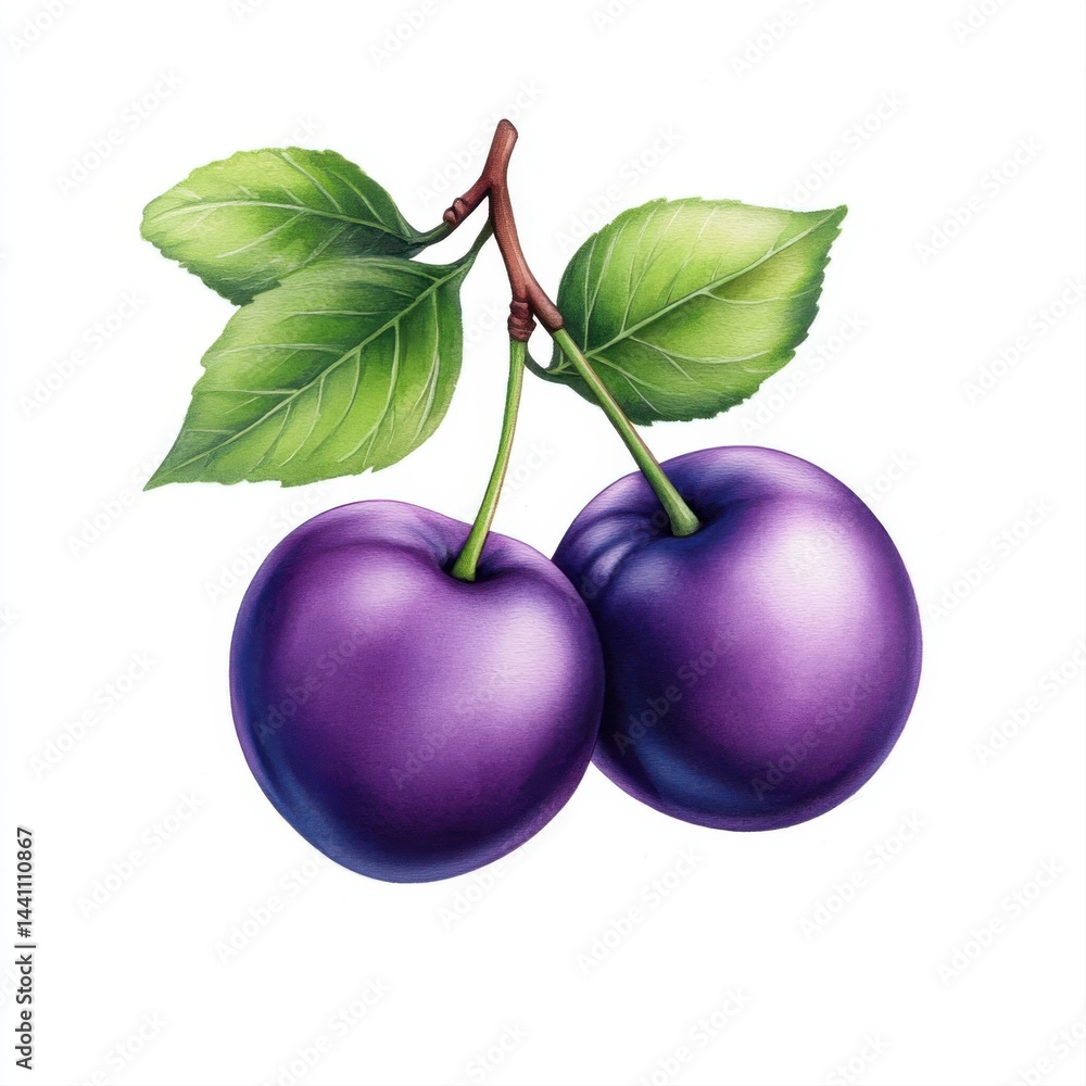 Fresh Purple Plums on Branch with Green Leaves Isolated on White Background