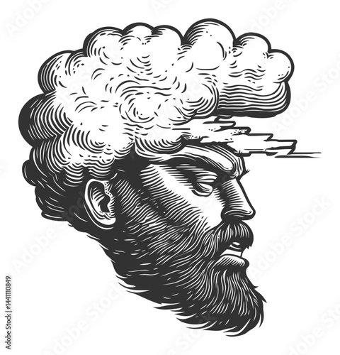 Vintage Hand-Drawn Illustration of a Thoughtful Man with Clouds