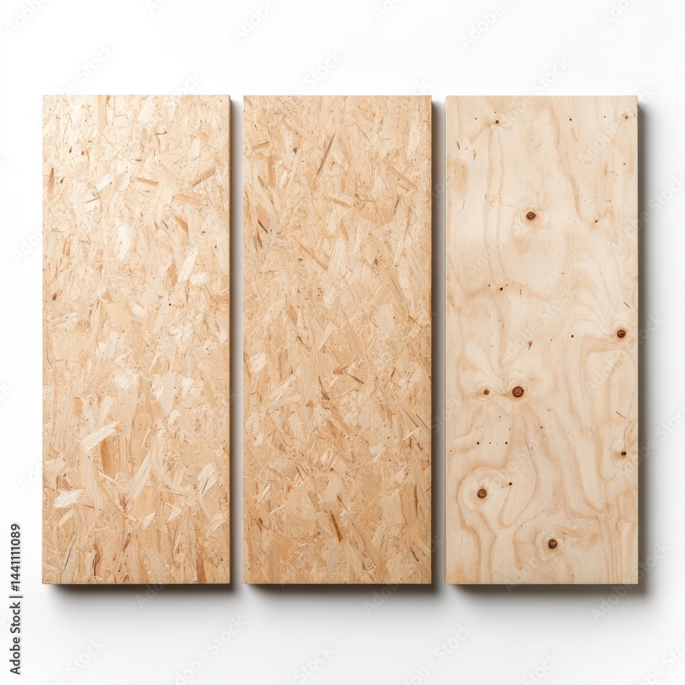 Three Panels of Plywood with Natural Texture and Finish on White Background