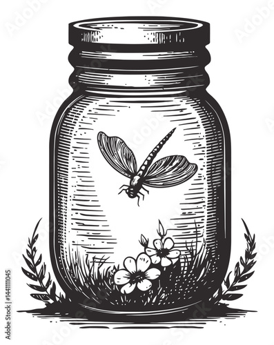 Vintage Hand-Drawn Illustration of Jar with Dragonfly and Flowers