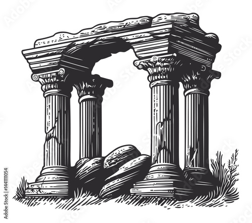 Vintage Hand-Drawn Illustration of Classical Ruins and Columns