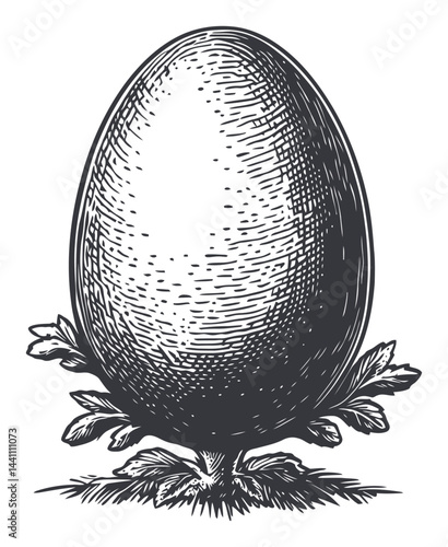 Vintage Hand-Drawn Illustration of Egg with Decorative Leaves