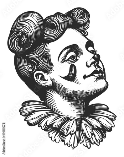 Vintage Hand-Drawn Illustration of a Clown Face with Curly Hair