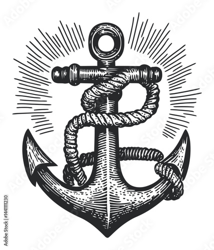 Vintage Hand-Drawn Anchor Illustration with Decorative Elements