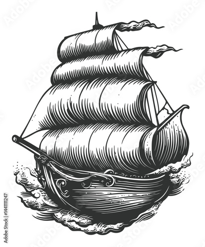 Vintage Hand-Drawn Illustration of Sailing Ship on Waves