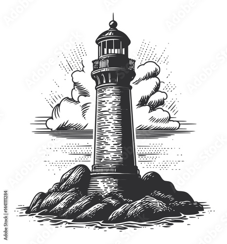 Vintage Hand Drawn Illustration of a Lighthouse Surrounded by Rocks