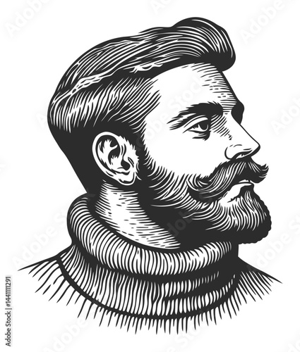 Vintage Hand-Drawn Illustration of a Thoughtful Man's Profile