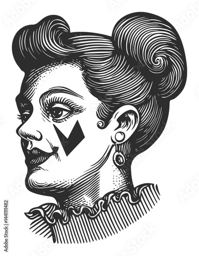 Vintage Hand-Drawn Illustration of a Female Character with Makeup