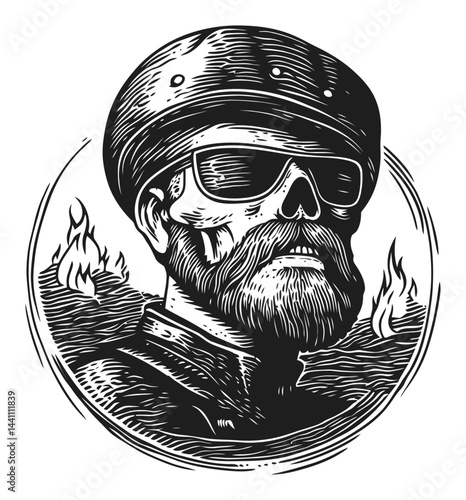 Vintage Hand Drawn Skull Illustration with Retro Motorcycle Style