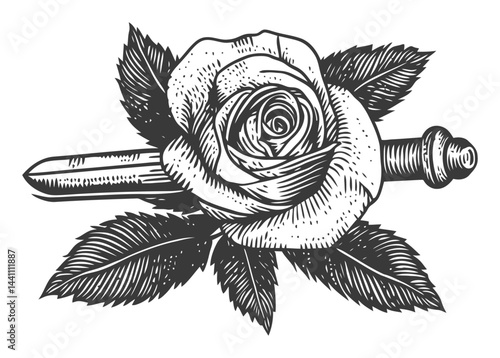 Vintage Hand-Drawn Illustration of Rose and Dagger Design
