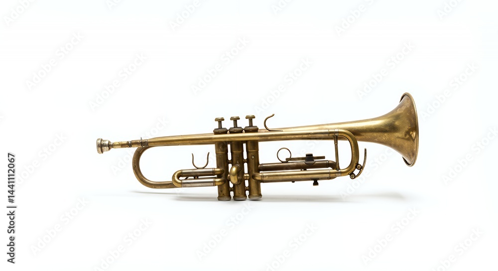 Obraz premium Solitary Broken Brass Trumpet on White Backdrop Depicting Damage Reuse and Recycle Musical Concept