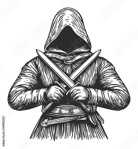 Vintage Hand-Drawn Illustration of Mysterious Figure with Swords