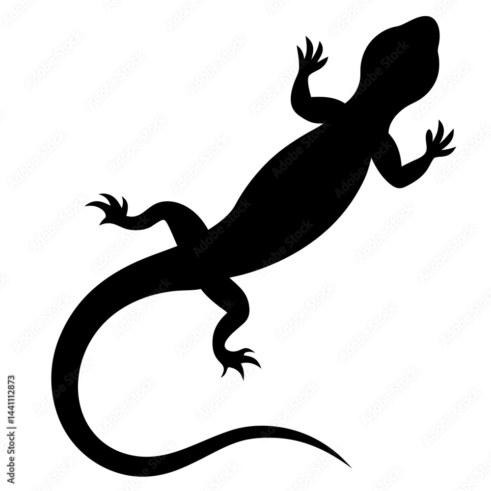 Fototapeta premium A black silhouette of a lizard, shown from above, with a long, slender body and a curled tail.
