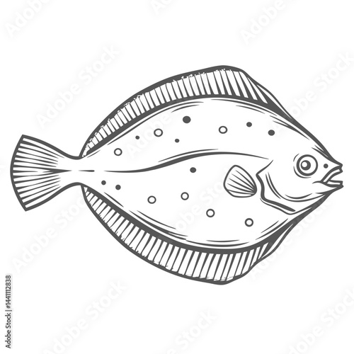 European Plaice Fish Line Art Illustration