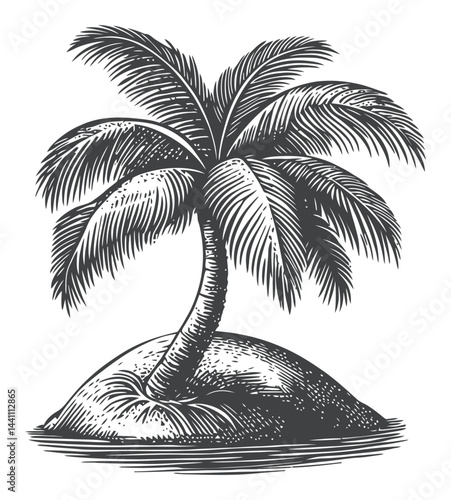 Vintage Hand Drawn Illustration of a Tropical Palm Tree Island