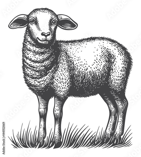 Vintage Hand-Drawn Illustration of a Standing Sheep in Pasture