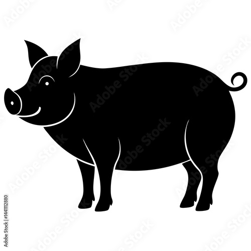 A black silhouette of a pig standing in profile, with a round body, short legs, and a curly tail