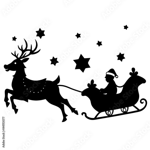  A black silhouette of Santa Claus in his sleigh being pulled by flying reindeer, with stars in the background
