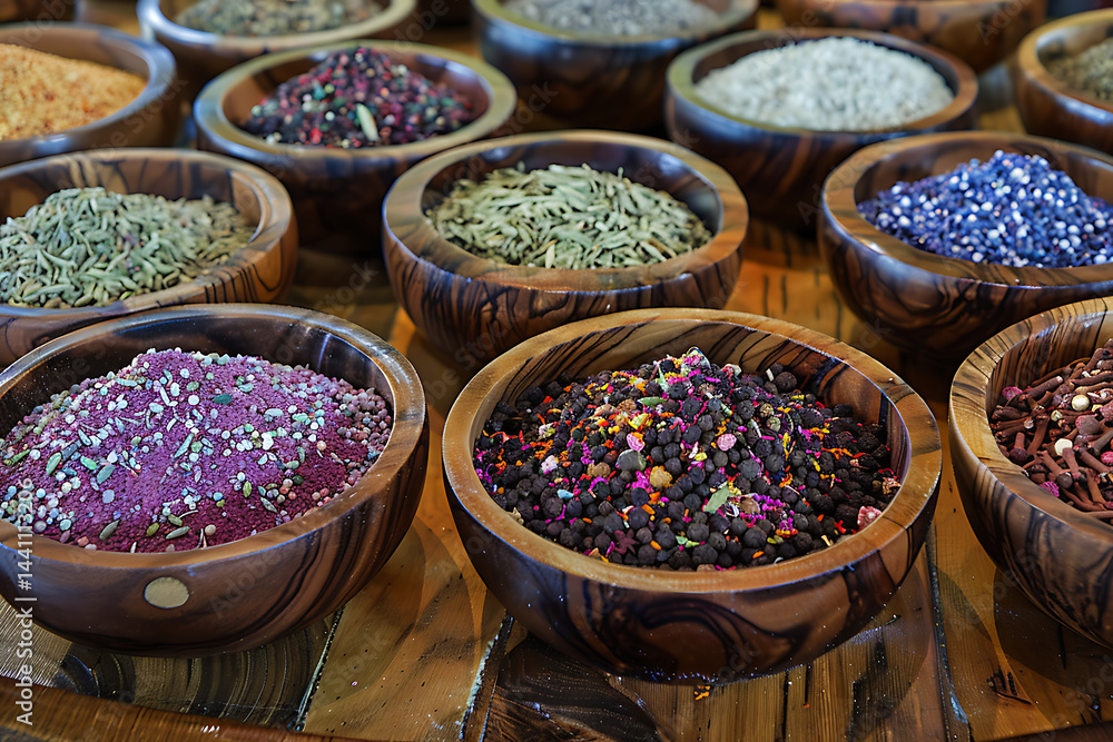 Fototapeta premium Variety of spices and herbs in wooden bowls featuring vibrant colors and textures