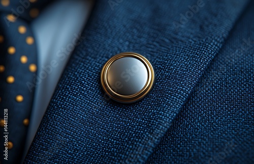 Close-Up of Golden Lapel Pin on Textured Navy Suit with Blue and Gold Dotted Tie for Fashion and Accessory Branding Showcase

