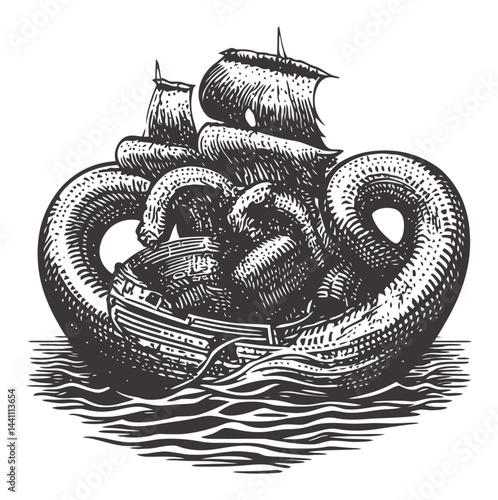 Vintage Hand-Drawn Illustration of a Ship Encountering a Sea Monster