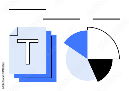 Pie chart divided into quadrants alongside stacked text sheets and horizontal lines. Ideal for analytics, reporting, documentation, statistics, infographics, organizing, planning. Flat simple