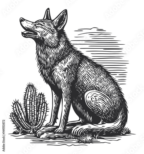Vintage Hand Drawn Illustration of a Howling Coyote with Cactus