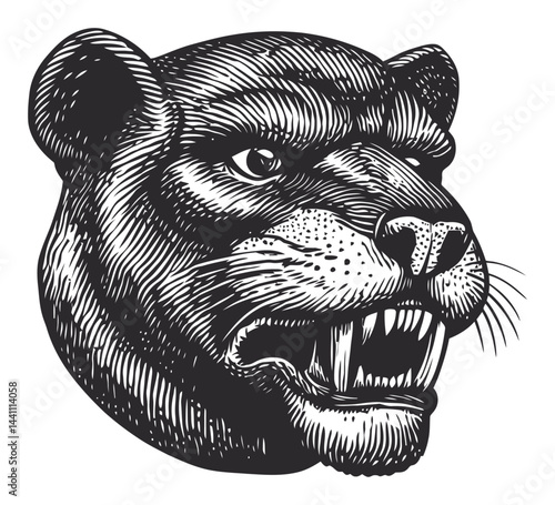 Vintage Hand-Drawn Illustration of a Panther Head in Monochrome Style