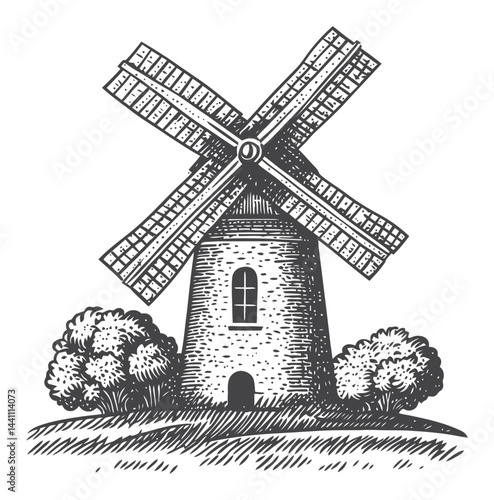 Vintage Hand Drawn Illustration of a Scenic Windmill in Landscape