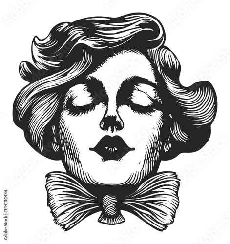 Vintage Hand-Drawn Illustration of a Stylish Woman with Bow