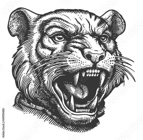 Vintage Hand-Drawn Illustration of a Roaring Tiger Head