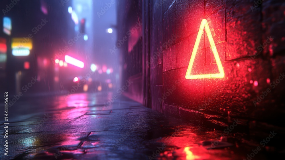 Fototapeta premium Neon Triangle in Rainy Urban Night Scene with Vibrant Lights and Reflections on Wet Pavement
