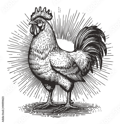 Vintage Hand-Drawn Illustration of a Rooster with Radiant Background