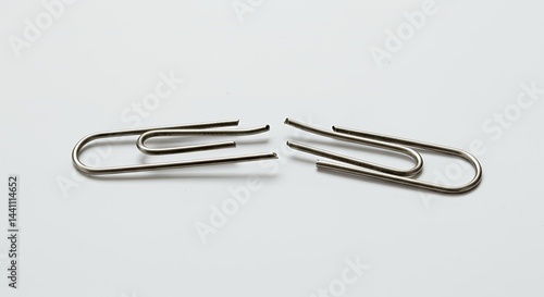 Split Apart Paper Clip Symbolizing Fractured Order on Isolated White Screen Background Detailed Object Illustrating Frustration and Disarray
