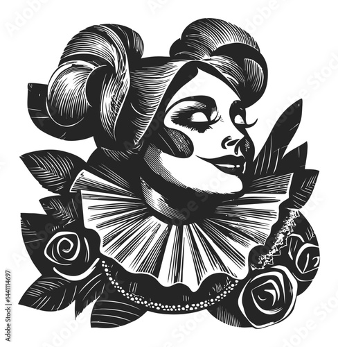 Vintage Hand-Drawn Illustration of a Clown with Roses and Ruffles