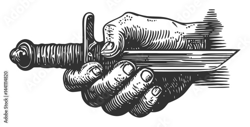 Vintage Hand-Drawn Illustration of Hand Holding Dagger Blade