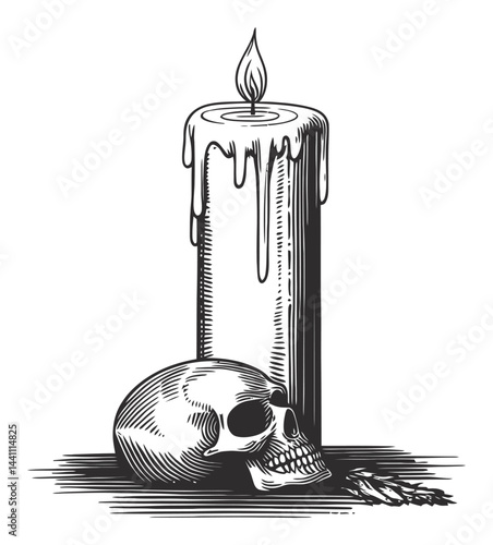 Vintage Hand-Drawn Illustration of Skull and Candle in Monochrome
