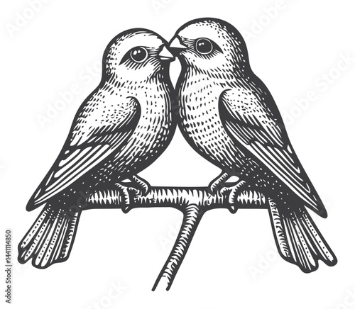 Vintage Hand-Drawn Illustration of Two Lovebirds on a Branch