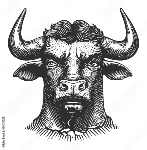 Vintage Hand-Drawn Illustration of a Bull Head in Detailed Style