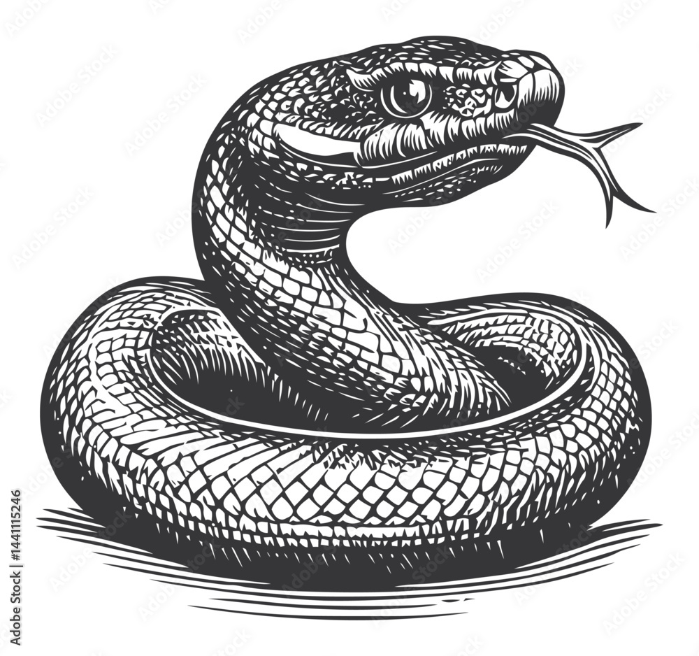 Fototapeta premium Vintage Hand-Drawn Illustration of a Serpent Coiling with Detail