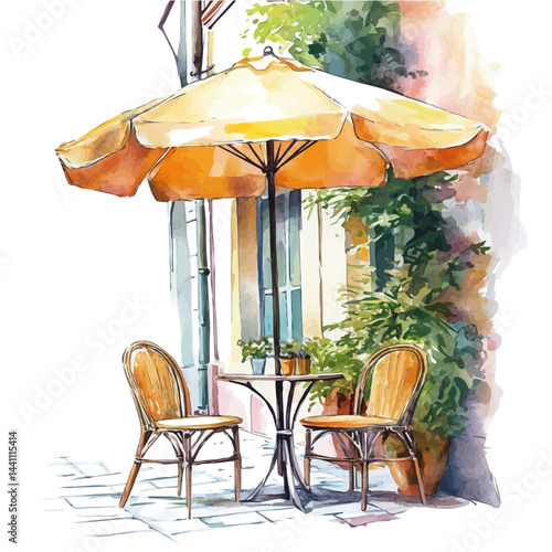 illustration of Outdoor Cafe With City Views, watercolor vector, isolated on a white background.