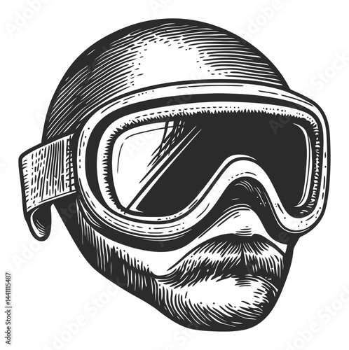 Vintage Hand-Drawn Illustration of Man Wearing Goggles