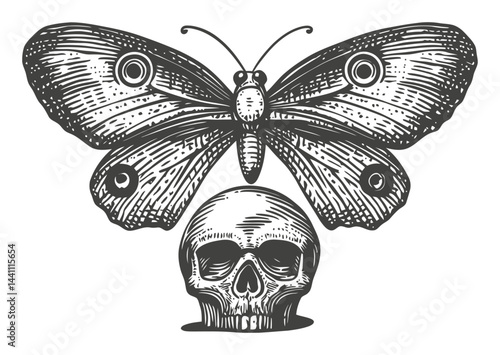 Vintage Hand-Drawn Illustration of Butterfly Above Skull