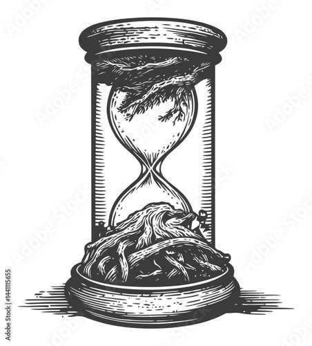 Vintage Hand-Drawn Illustration of Hourglass with Roots and Nature