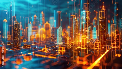 Wallpaper Mural Futuristic cityscape with glowing blue and orange grid lines. Digital artwork of building structure with glowing light. Technology innovation and urban development concept for design and print. AIG53. Torontodigital.ca