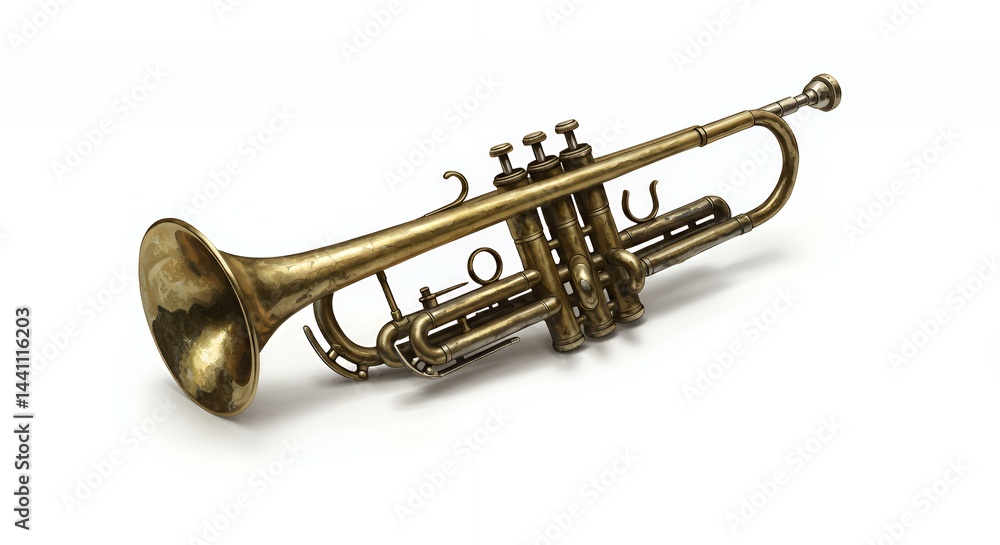 Obraz premium Tarnished Golden Trumpet Lying Broken on White Background in Studio Lighting with Detailed Texture Perfect for Ads and Promotions Symbolic of Damage Reuse and Repair Isolated Object