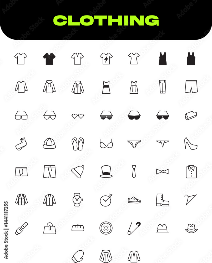 Clothing Icon Pack is a stylish and clean collection of vector icons representing a wide range of apparel and fashion accessories.