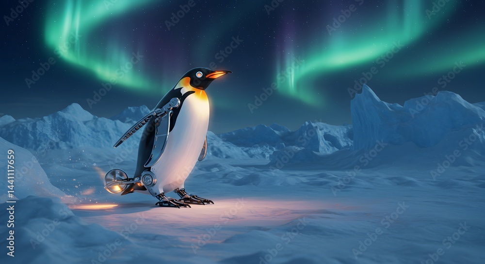 Fototapeta premium Mechanical Penguin Under Aurora Borealis